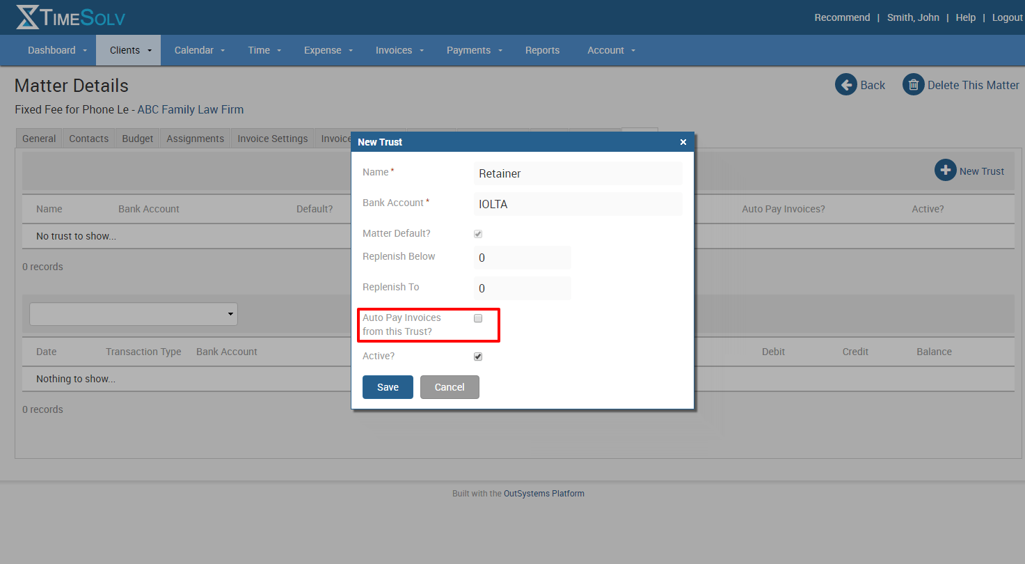 Change the settings on auto payment from Trust at the matter level