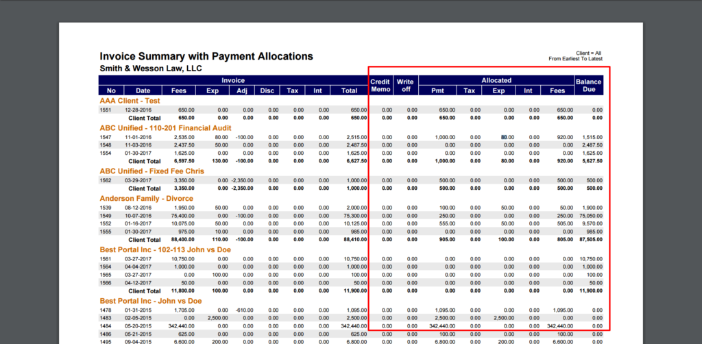 Payment Allocation Report Screenshot